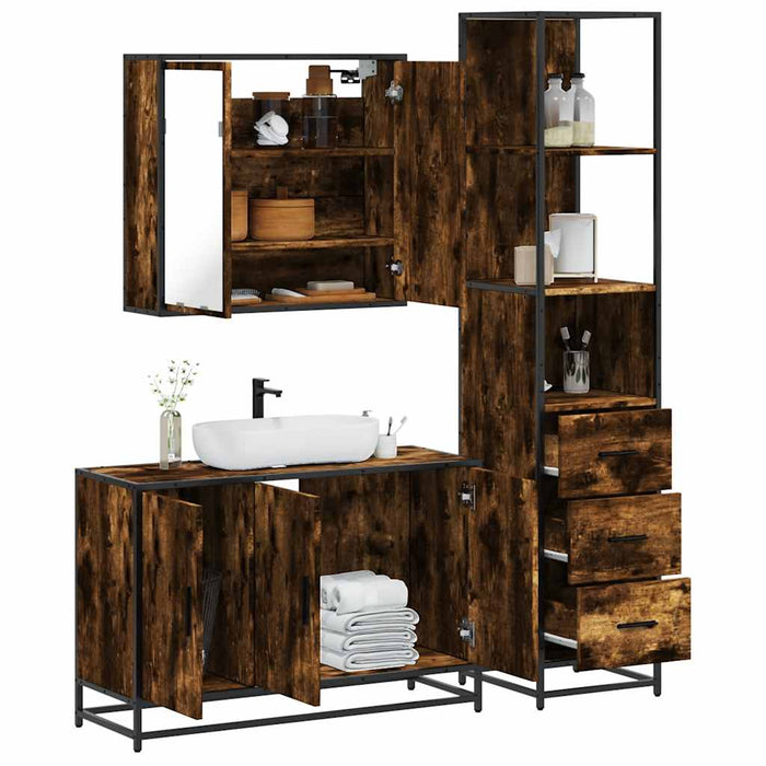 Set mobilier de baie, 3 piese, stejar fumuriu, lemn prelucrat - WALTI WALTI