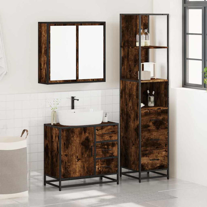 Set mobilier de baie, 3 piese, stejar fumuriu, lemn prelucrat - WALTI WALTI