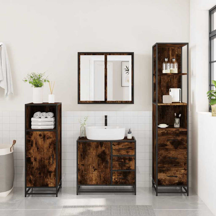 Set mobilier de baie, 3 piese, stejar fumuriu, lemn prelucrat - WALTI WALTI