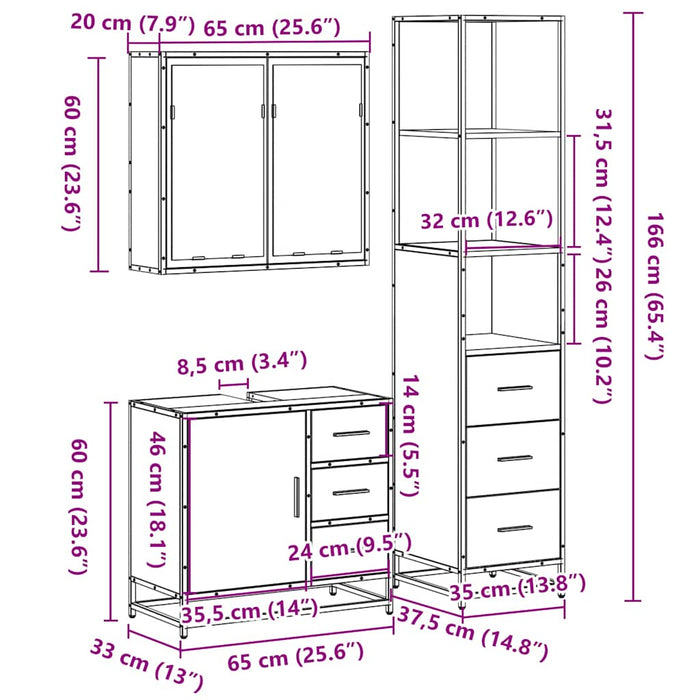 Set mobilier de baie, 3 piese, stejar fumuriu, lemn prelucrat - WALTI WALTI