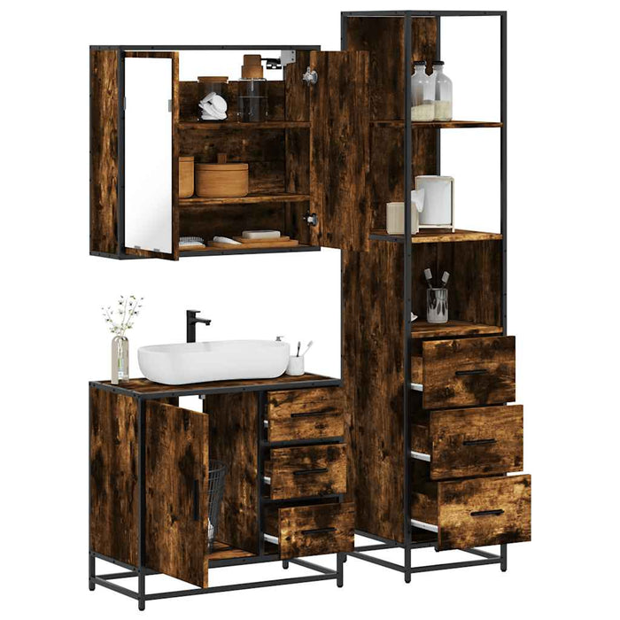 Set mobilier de baie, 3 piese, stejar fumuriu, lemn prelucrat - WALTI WALTI