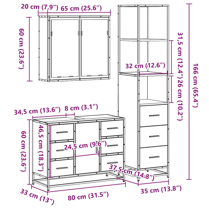 Set mobilier de baie, 3 piese, stejar sonoma, lemn prelucrat WALTI