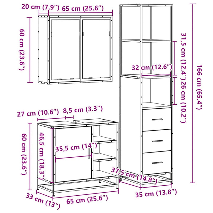 Set mobilier de baie, 3 piese, stejar fumuriu, lemn prelucrat WALTI