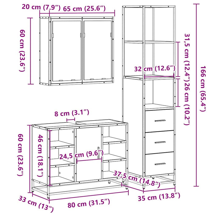 Set mobilier de baie, 3 piese, stejar sonoma, lemn prelucrat - WALTI WALTI
