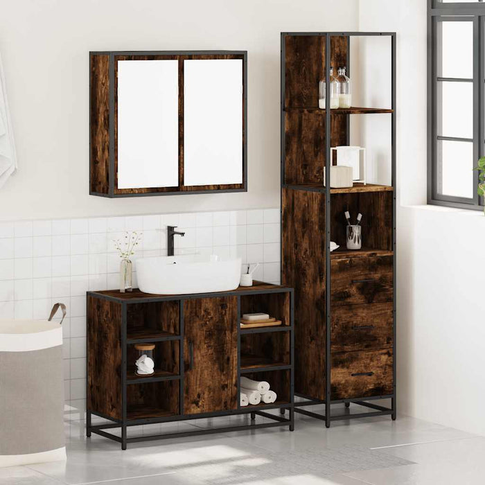 Set mobilier de baie, 3 piese, stejar fumuriu, lemn prelucrat - WALTI WALTI