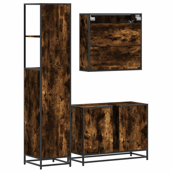 Set mobilier de baie, 3 piese, stejar fumuriu, lemn prelucrat - WALTI WALTI