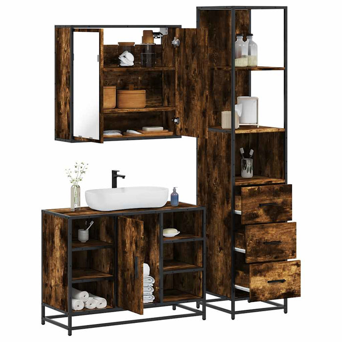 Set mobilier de baie, 3 piese, stejar fumuriu, lemn prelucrat - WALTI WALTI