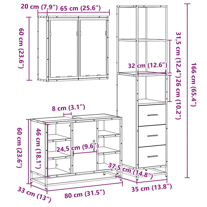 Set mobilier de baie, 3 piese, gri sonoma, lemn prelucrat WALTI