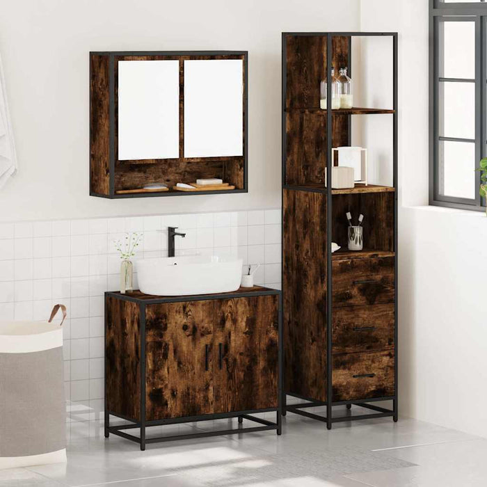 Set mobilier de baie, 3 piese, stejar fumuriu, lemn prelucrat - WALTI WALTI