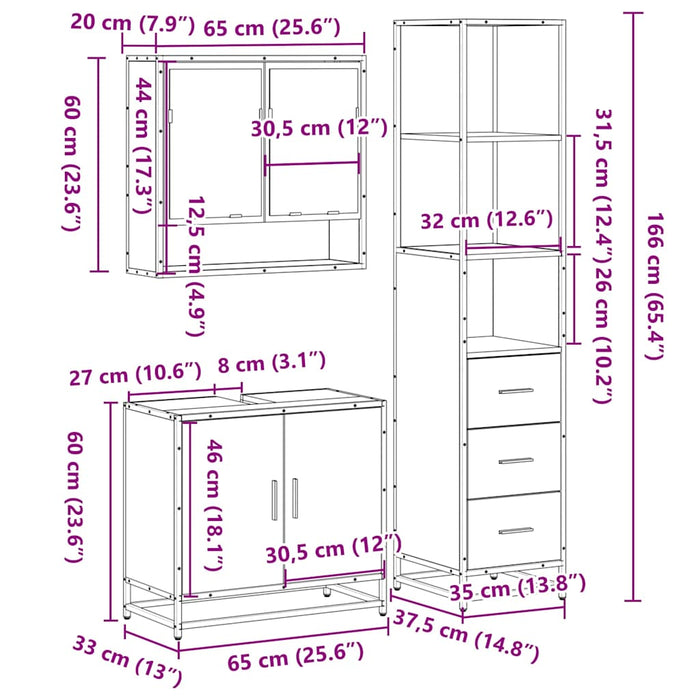 Set mobilier de baie, 3 piese, stejar fumuriu, lemn prelucrat - WALTI WALTI