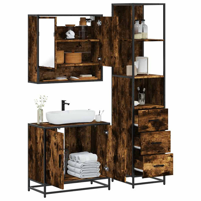 Set mobilier de baie, 3 piese, stejar fumuriu, lemn prelucrat - WALTI WALTI