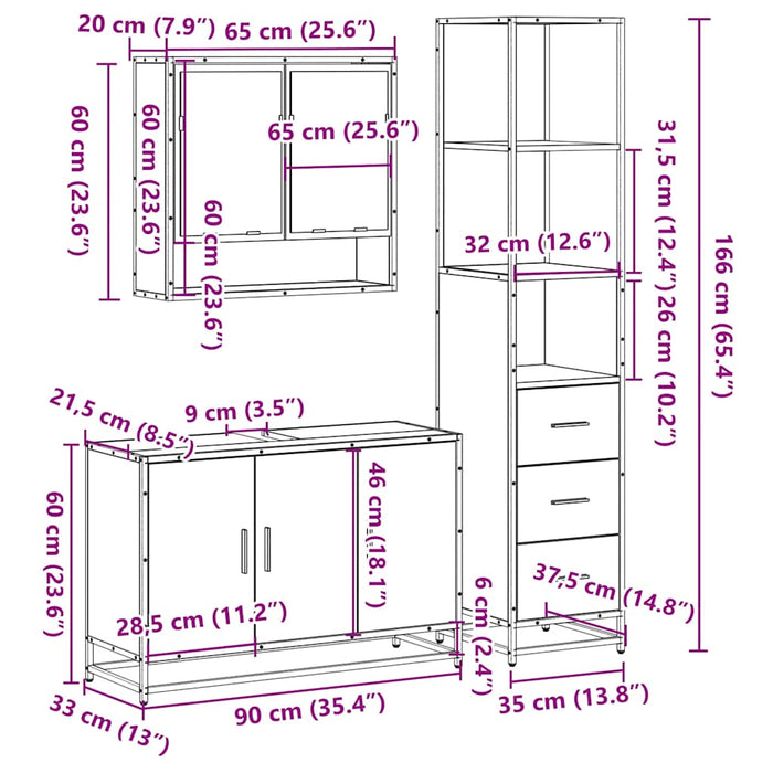 Set mobilier de baie, 3 piese, negru, lemn compozit WALTI