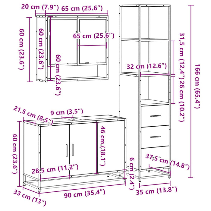 Set mobilier de baie, 3 piese, stejar fumuriu, lemn prelucrat - WALTI WALTI