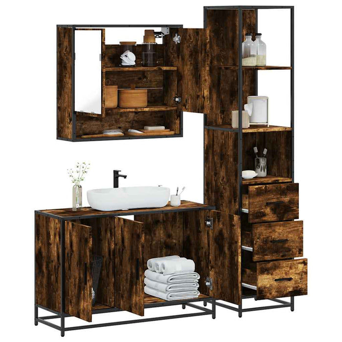 Set mobilier de baie, 3 piese, stejar fumuriu, lemn prelucrat - WALTI WALTI