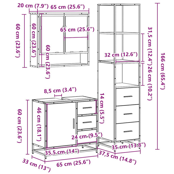 Set mobilier de baie, 3 piese, negru, lemn compozit WALTI