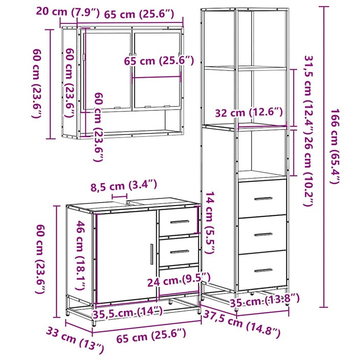 Set mobilier de baie, 3 piese, stejar sonoma, lemn prelucrat WALTI