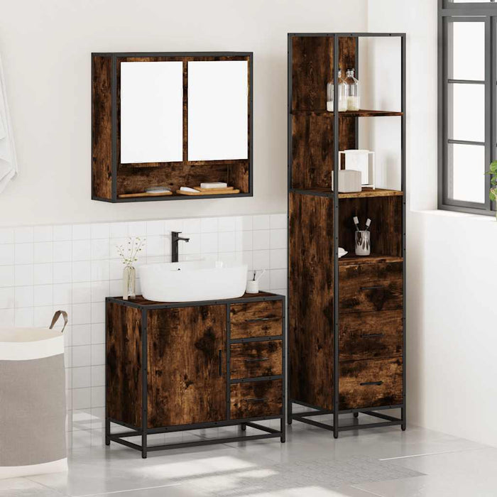 Set mobilier de baie, 3 piese, stejar fumuriu, lemn prelucrat - WALTI WALTI