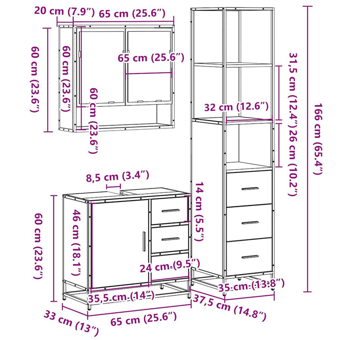 Set mobilier de baie, 3 piese, stejar fumuriu, lemn prelucrat - WALTI WALTI