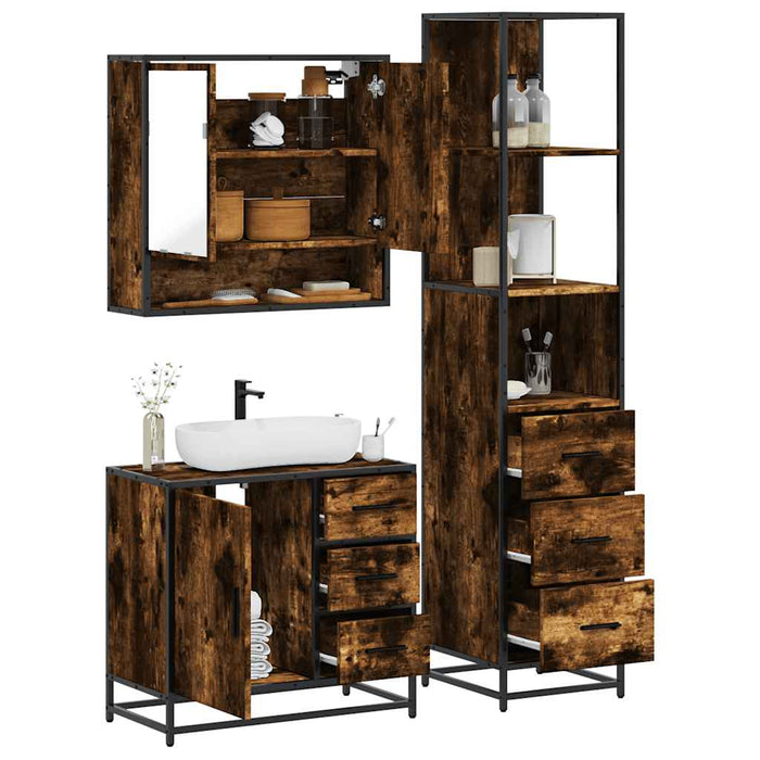Set mobilier de baie, 3 piese, stejar fumuriu, lemn prelucrat - WALTI WALTI