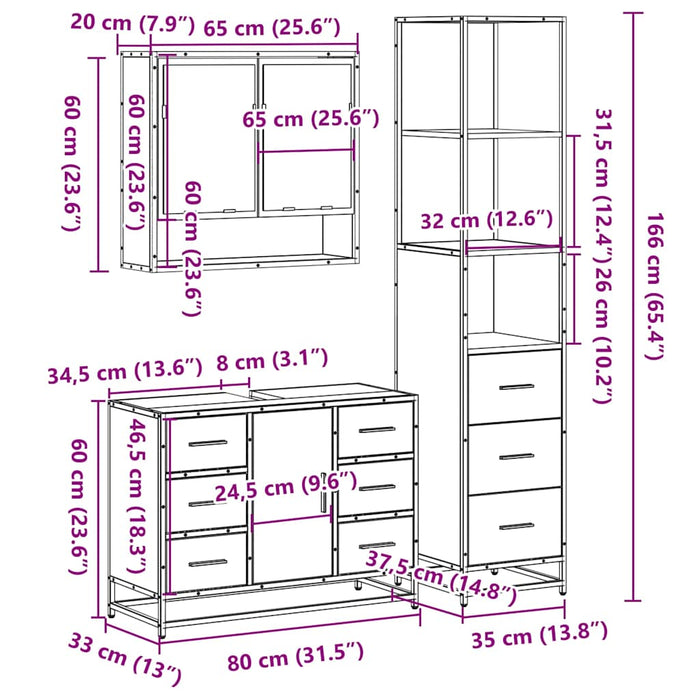Set mobilier de baie, 3 piese, stejar fumuriu, lemn prelucrat - WALTI WALTI