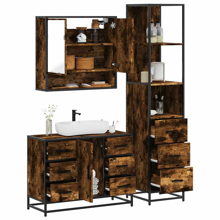 Set mobilier de baie, 3 piese, stejar fumuriu, lemn prelucrat - WALTI WALTI