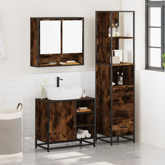 Set mobilier de baie, 3 piese, stejar fumuriu, lemn prelucrat - WALTI WALTI