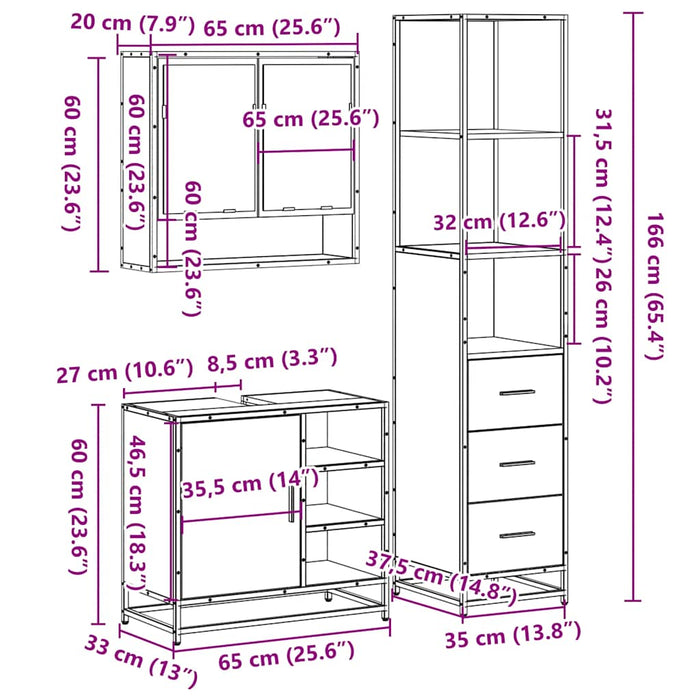 Set mobilier de baie, 3 piese, stejar fumuriu, lemn prelucrat - WALTI WALTI