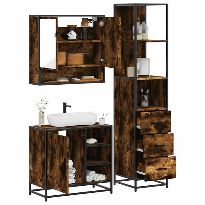 Set mobilier de baie, 3 piese, stejar fumuriu, lemn prelucrat - WALTI WALTI