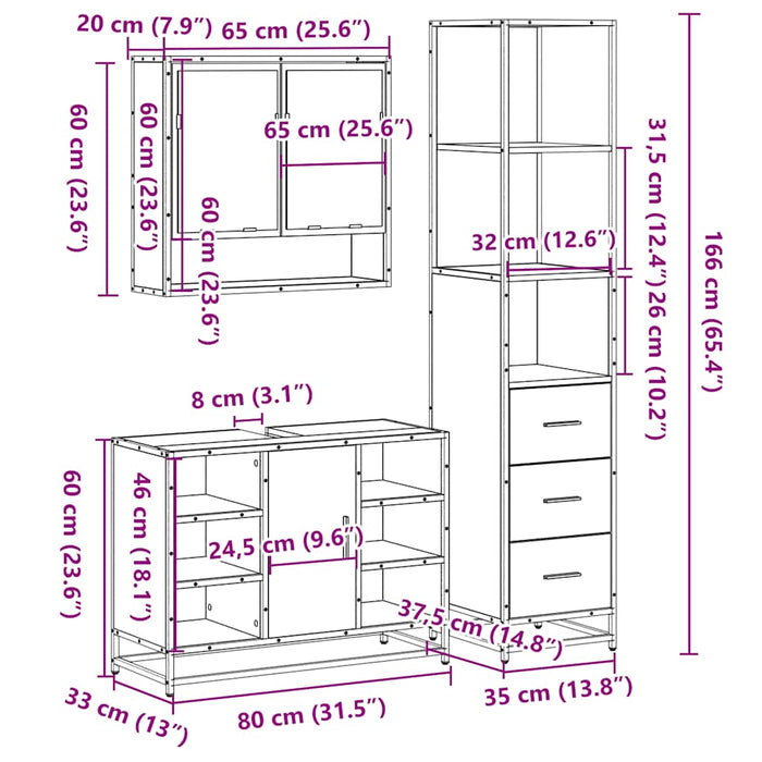 Set de mobilier de baie din 3 piese Lemn negru prelucrat WALTI