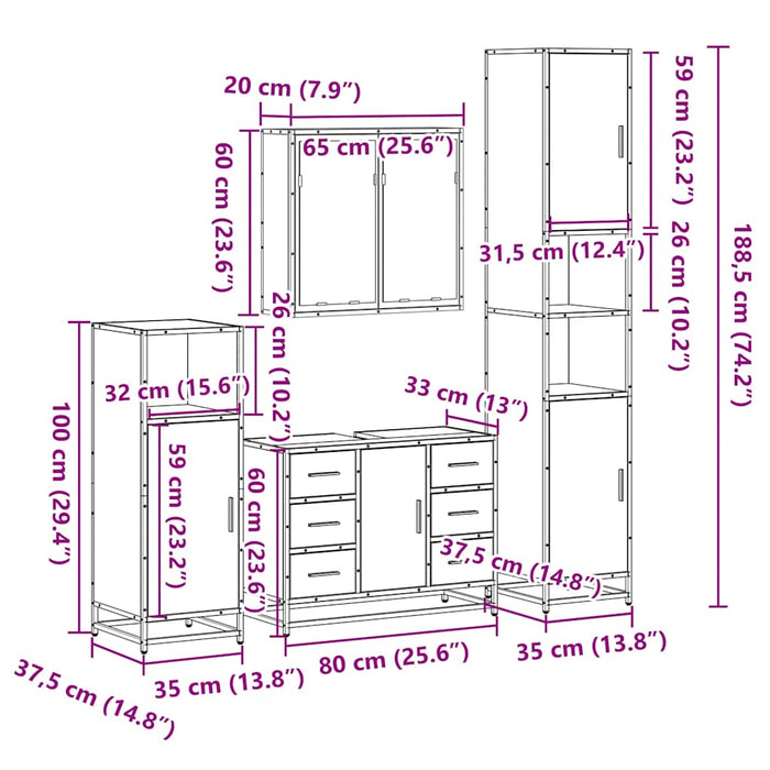 Set de mobilier de baie 4 piese Lemn prelucrat de stejar afumat WALTI