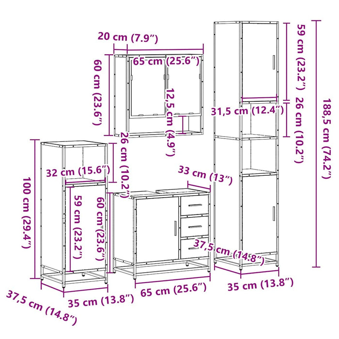 Set de mobilier de baie din 4 piese din lemn de stejar maro WALTI