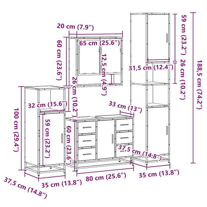 Set de mobilier de baie 4 piese Lemn prelucrat de stejar afumat WALTI