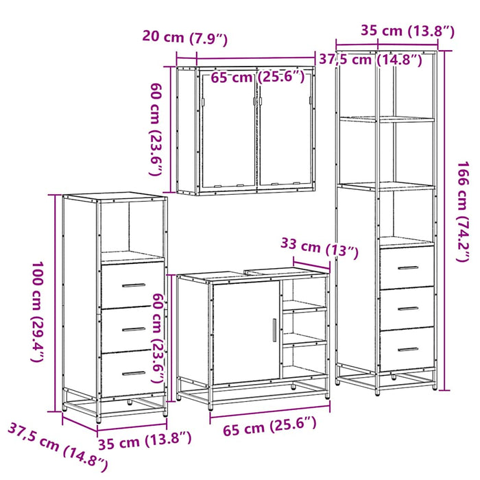 Set de mobilier de baie 4 piese Lemn stratificat gri Sonoma WALTI