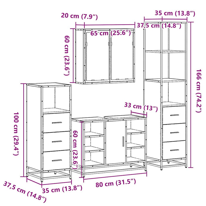 Set de mobilier de baie din 4 piese din lemn de stejar maro WALTI