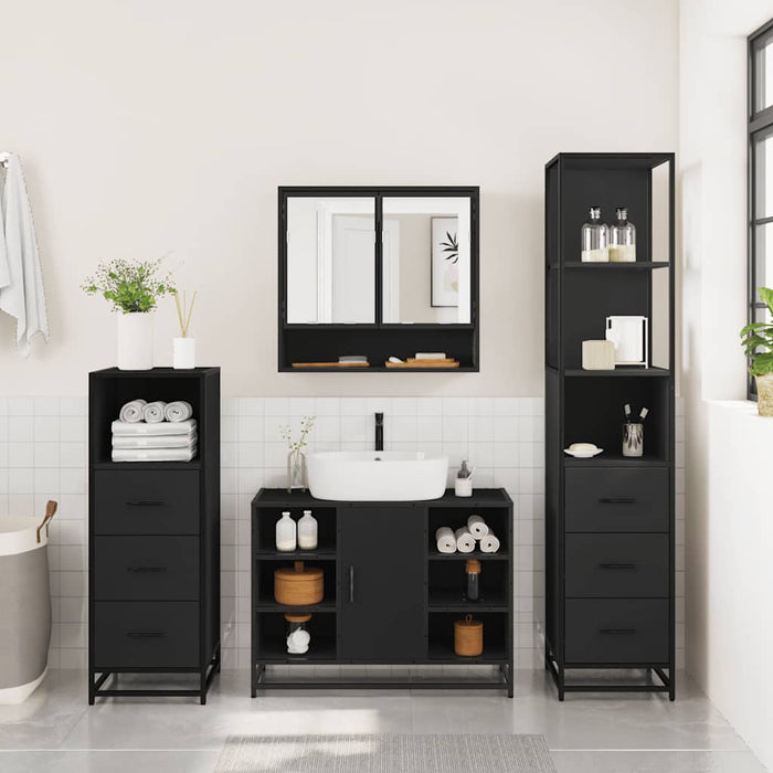 Set de mobilier de baie 4 piese Lemn negru prelucrat WALTI