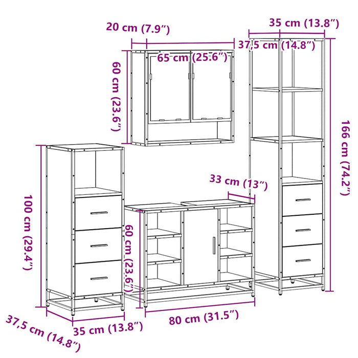 Set de mobilier de baie din 4 piese din lemn de stejar maro WALTI