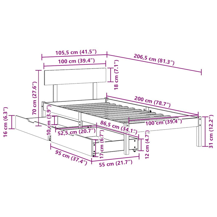 Cadru pat fără saltea, alb, 100x200 cm, lemn masiv pin - WALTI WALTI