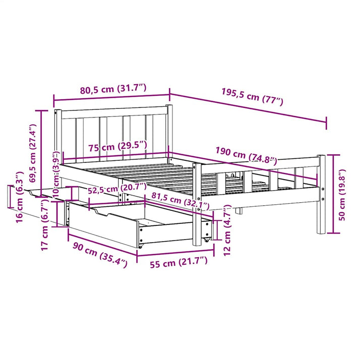 Cadru pat fără saltea, maro ceruit, 75x190 cm, lemn masiv pin - WALTI WALTI