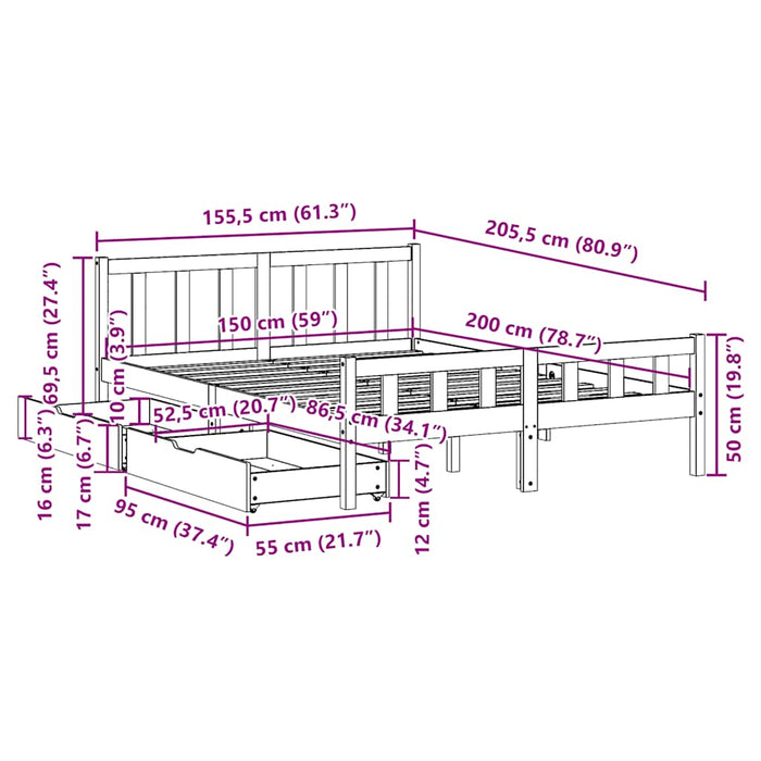 Cadru de pat fără saltea, maro ceruit 150x200 cm lemn masiv pin WALTI