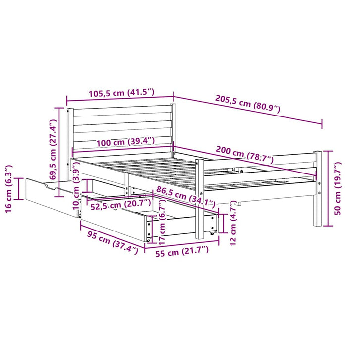Cadru pat fără saltea, alb, 100x200 cm, lemn masiv pin - WALTI WALTI