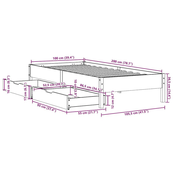 Cadru pat fără saltea, alb, 100x200 cm, lemn masiv pin WALTI