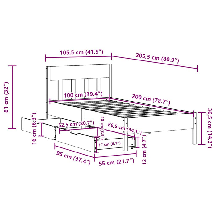 Cadru pat fără saltea, alb, 100x200 cm, lemn masiv pin - WALTI WALTI