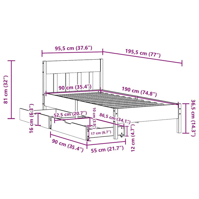 Cadru pat fără saltea, 90x190 cm, lemn masiv de pin - WALTI WALTI