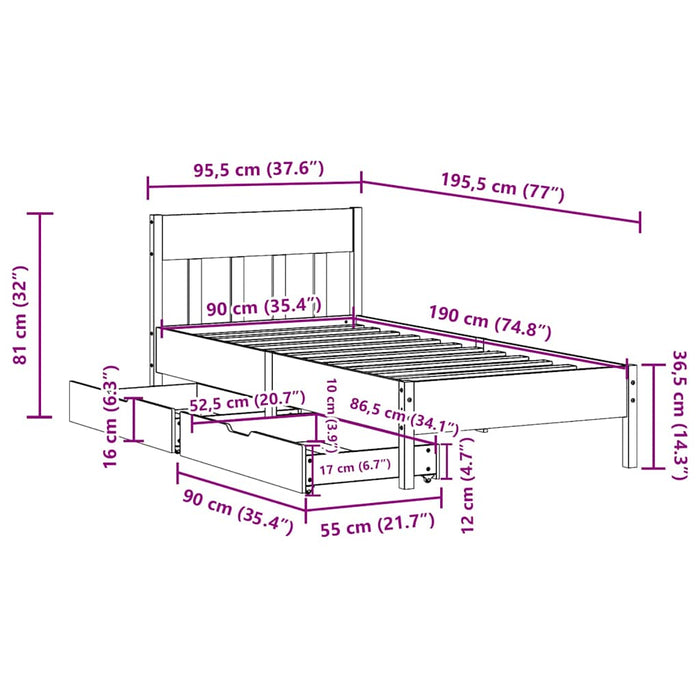 Cadru pat fără saltea, alb, 90x190 cm, lemn masiv de pin - WALTI WALTI