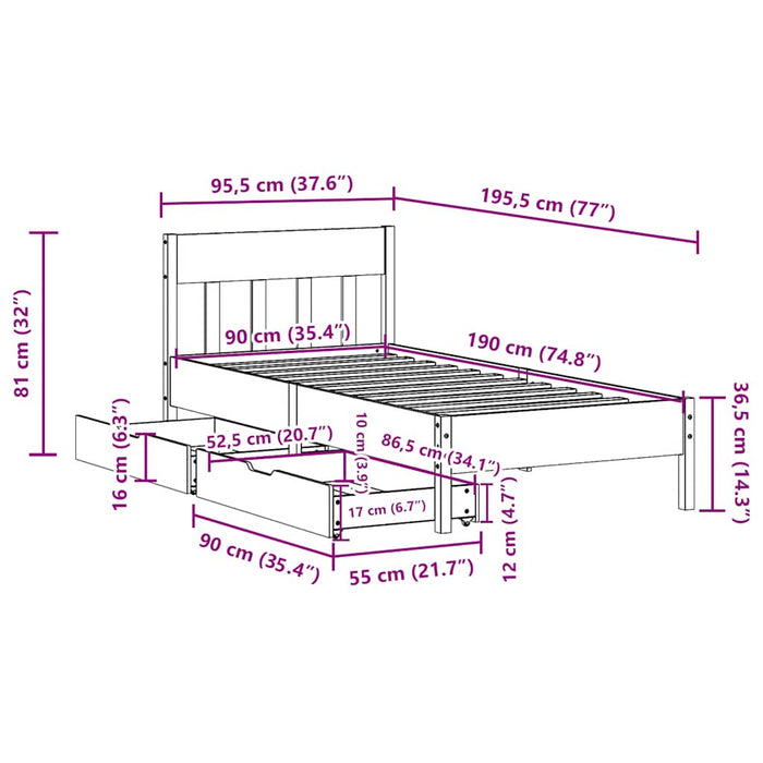 Cadru pat fără saltea, maro ceruit, 90x190 cm, lemn masiv pin - WALTI WALTI