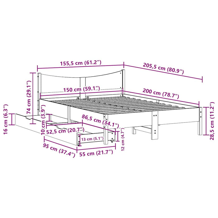 Cadru de pat cu sertare, alb, 150x200 cm, lemn masiv pin - WALTI WALTI