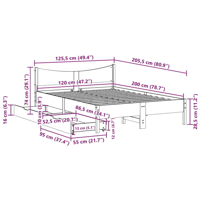 Cadru pat cu sertare maro ceruit, 120x200 cm, lemn masiv de pin - WALTI WALTI