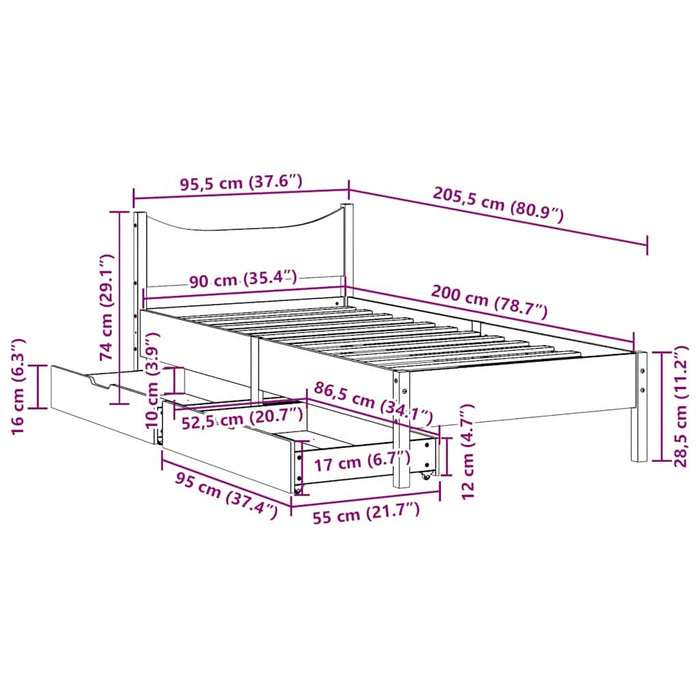 Cadru de pat cu sertare, 90x200 cm, lemn masiv pin - WALTI WALTI