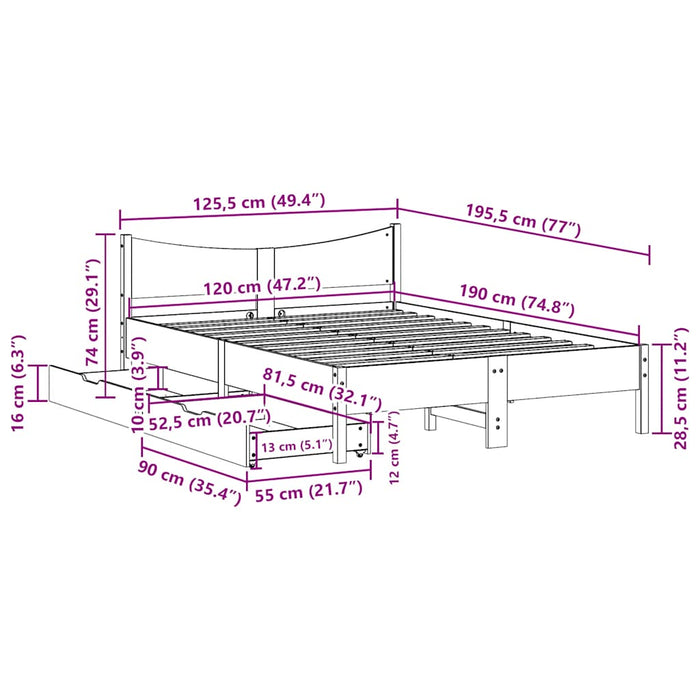 Cadru de pat cu sertare, 120x190 cm, lemn masiv pin - WALTI WALTI