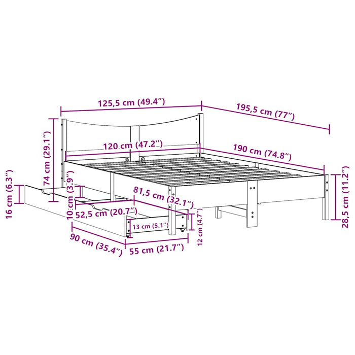 Cadru pat cu sertare maro ceruit, 120x190 cm, lemn masiv de pin - WALTI WALTI